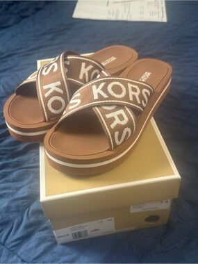 Michael Kors Brown and White Crossband Platform Sandals